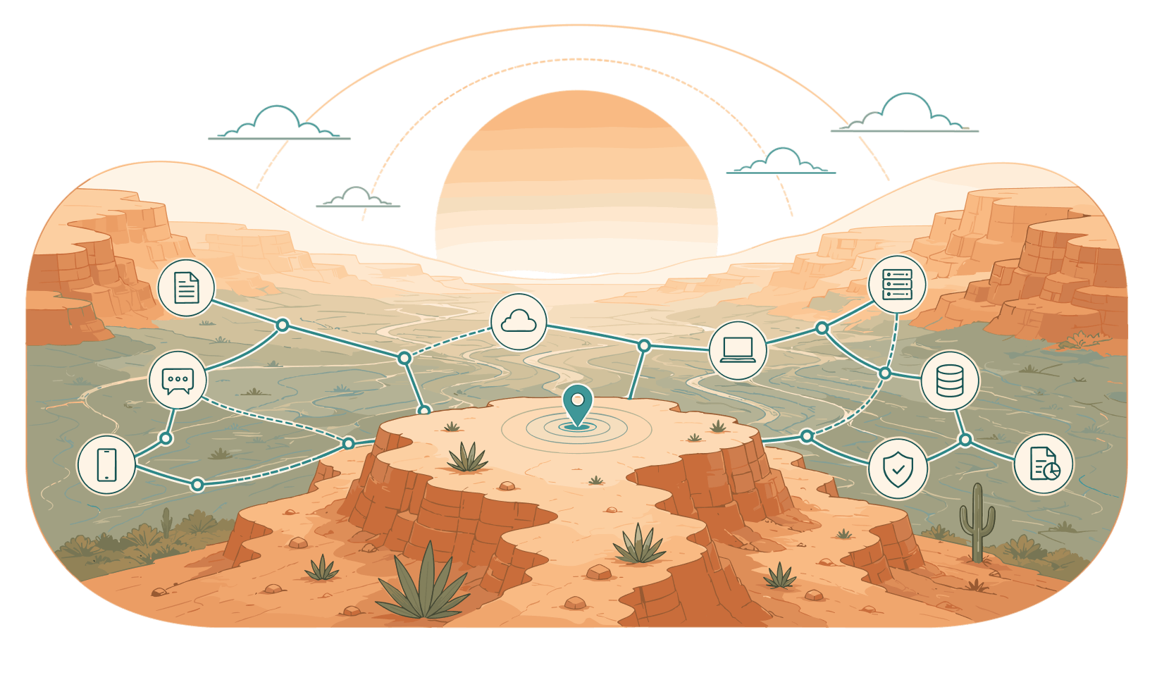 A wide panoramic mesa overlook with an evidence node at center and connected source icons fanning out to the horizon.
